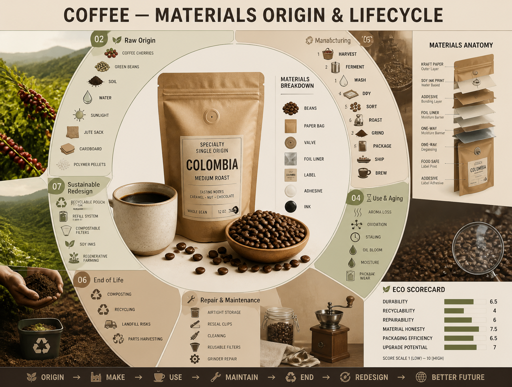 COFFEE — MATERIALS ORIGIN & LIFECYCLE؛ پرامپت فارسی برای ساخت عکس با هوش مصنوعی