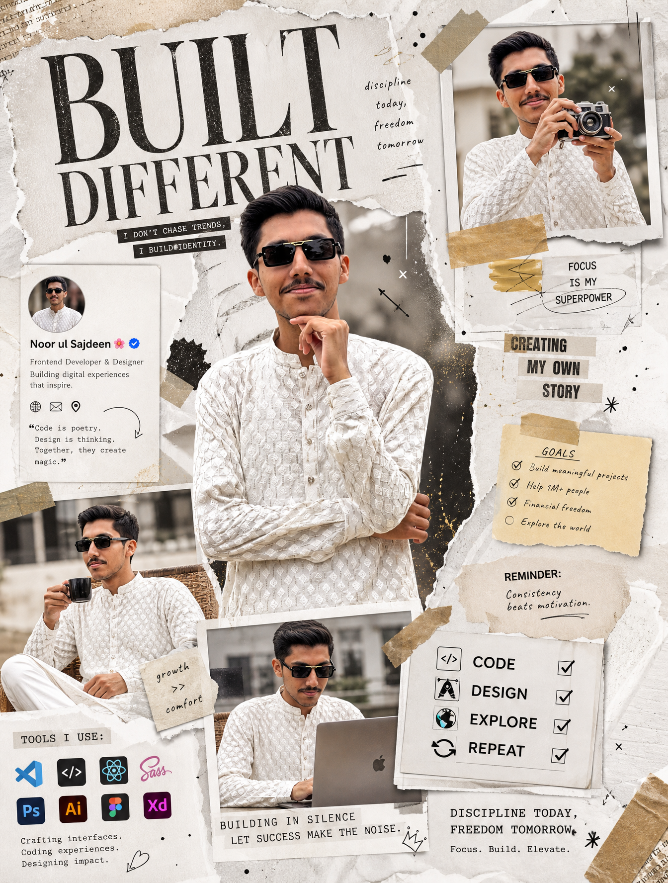 A bold, editorial-style digital collage in a monochrome white and beige theme wi…؛ پرامپت فارسی برای ساخت عکس با هوش مصنوعی
