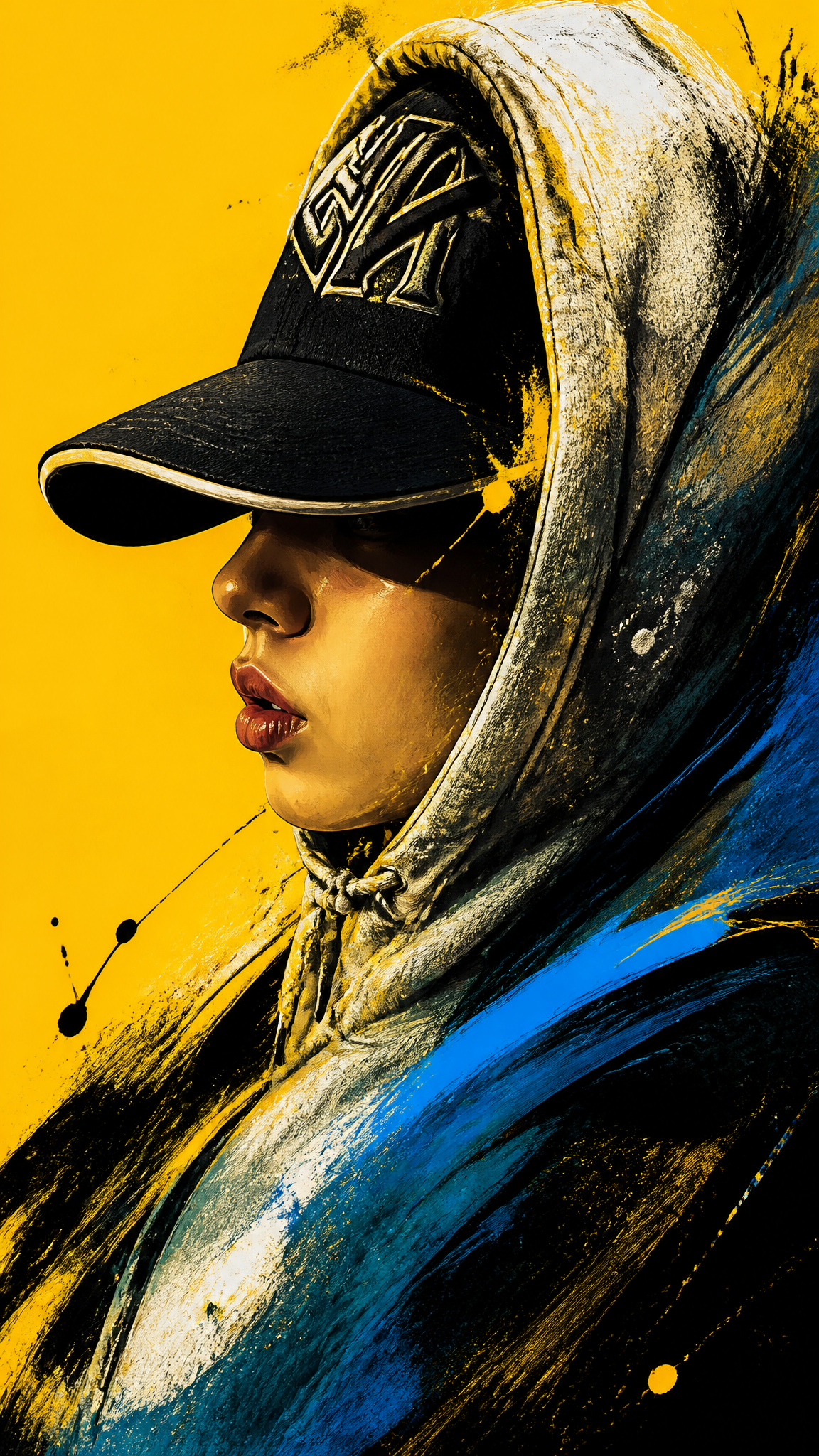 A bold, high contrast digital portrait of[image1] in side profile, facing left. …؛ پرامپت فارسی برای ساخت عکس با هوش مصنوعی