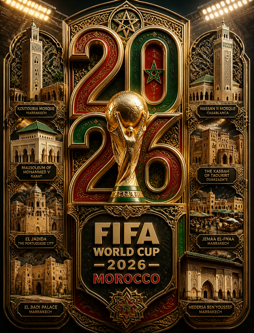 Ultra-detailed luxury 3D FIFA World Cup 2026 Morocco poster. Massive layered "20…؛ پرامپت فارسی برای ساخت عکس با هوش مصنوعی