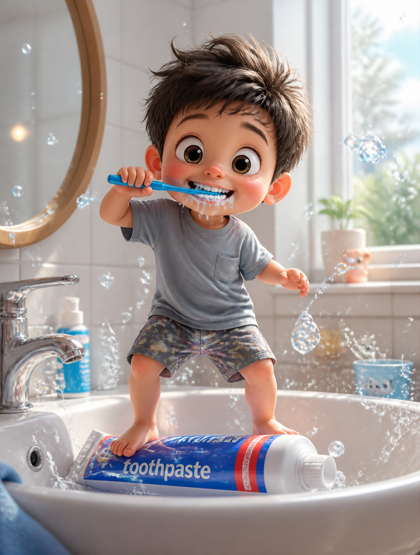 A whimsical, ultra-detailed 3D illustration of a cute toddler boy with an oversi…؛ پرامپت فارسی برای ساخت عکس با هوش مصنوعی