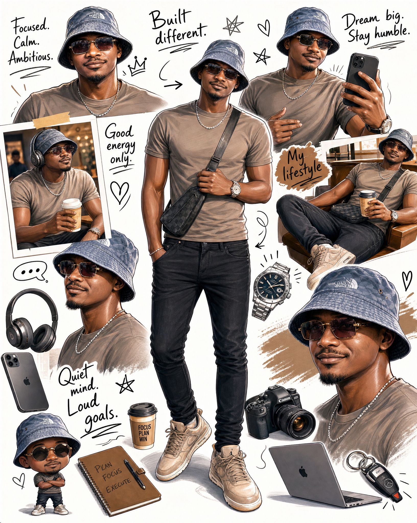 Create a stylish illustrated digital collage / character mood-board of a fashion…؛ پرامپت فارسی برای ساخت عکس با هوش مصنوعی