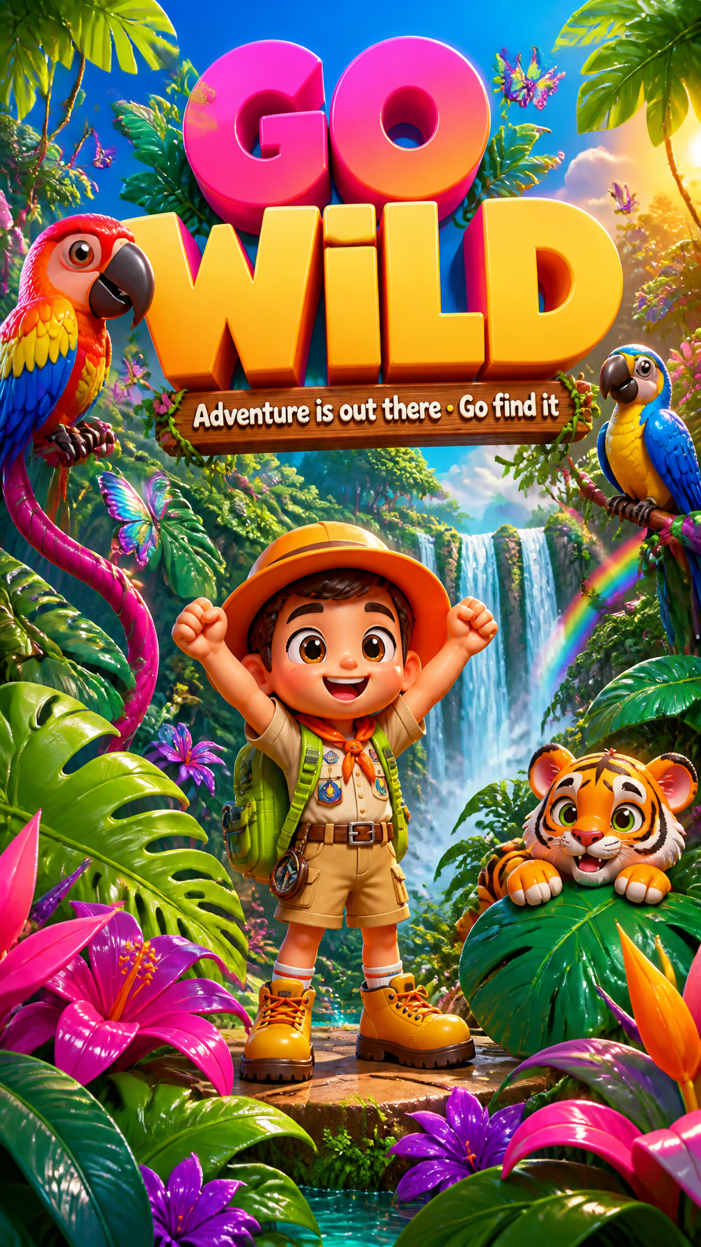 PROMPT:A wildly colorful and adventurous vertical poster bursting with tropical …؛ پرامپت فارسی برای ساخت عکس با هوش مصنوعی