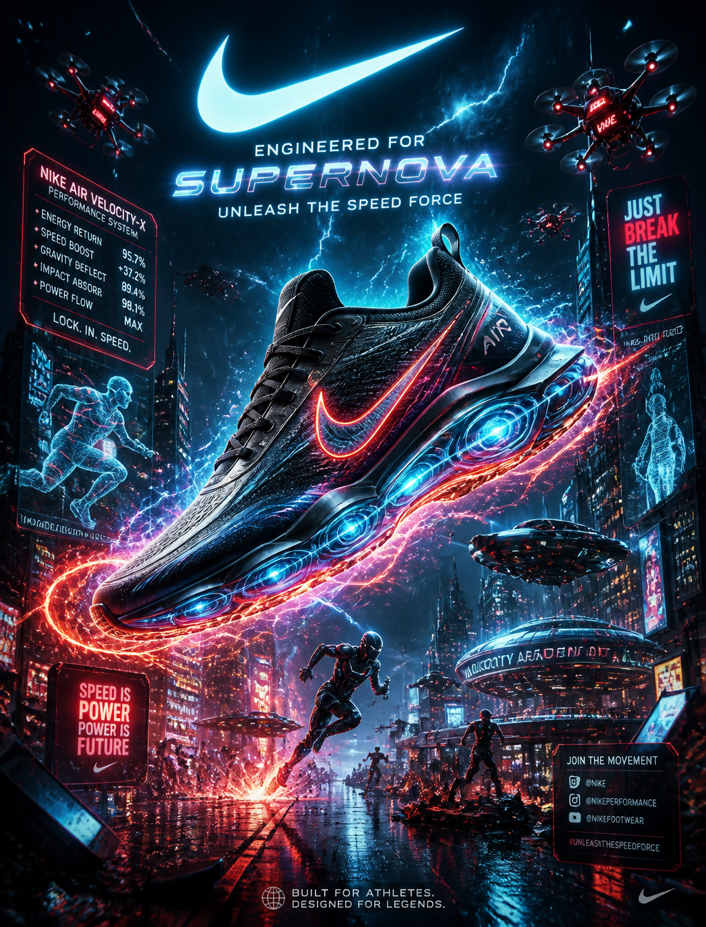 Create an insanely futuristic cinematic sports shoe advertising flyer with a leg…؛ پرامپت فارسی برای ساخت عکس با هوش مصنوعی
