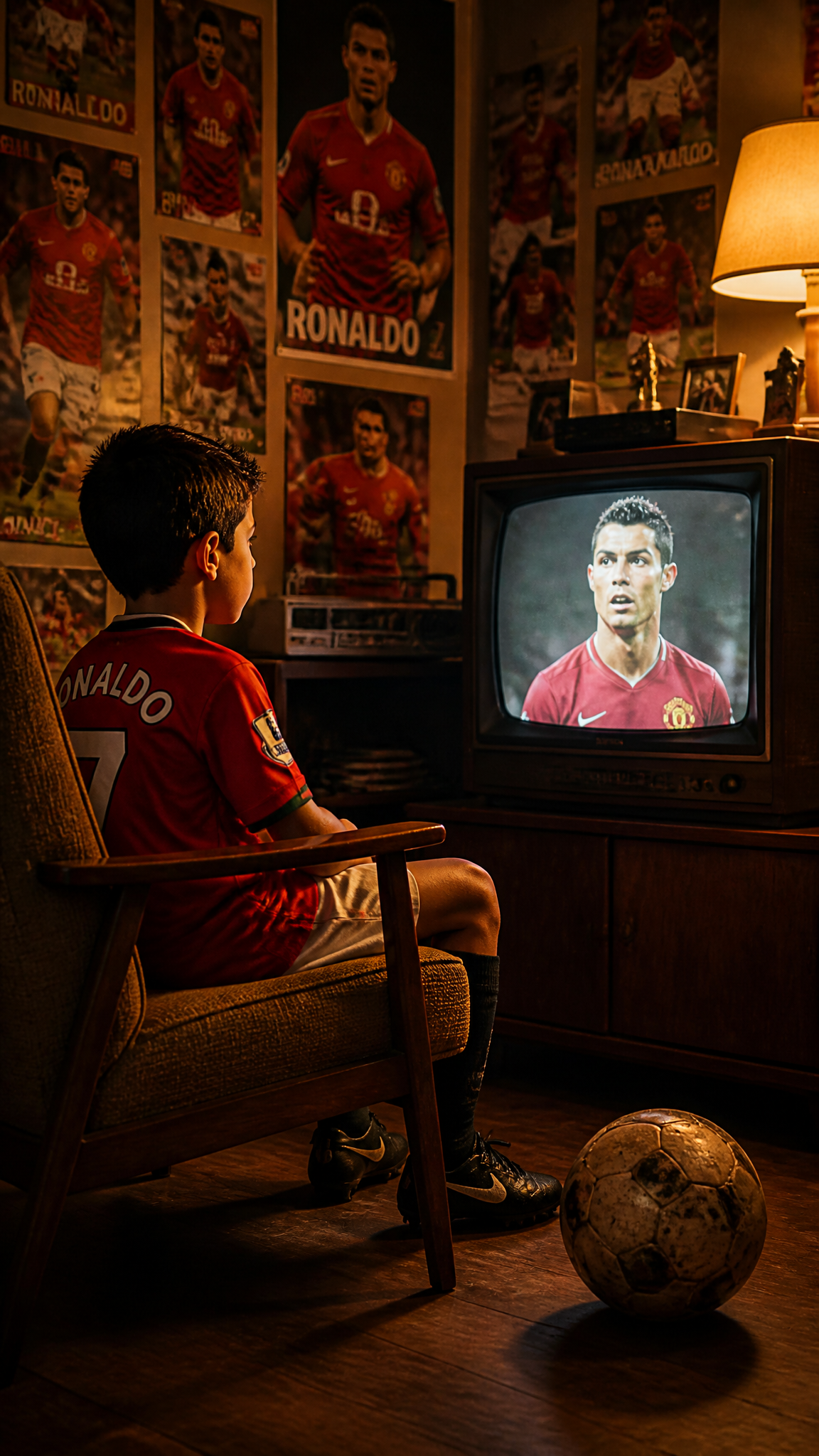 A young kid cristiano ronaldo wearing a vintage Manchester United kit sits in a …؛ پرامپت فارسی برای ساخت عکس با هوش مصنوعی