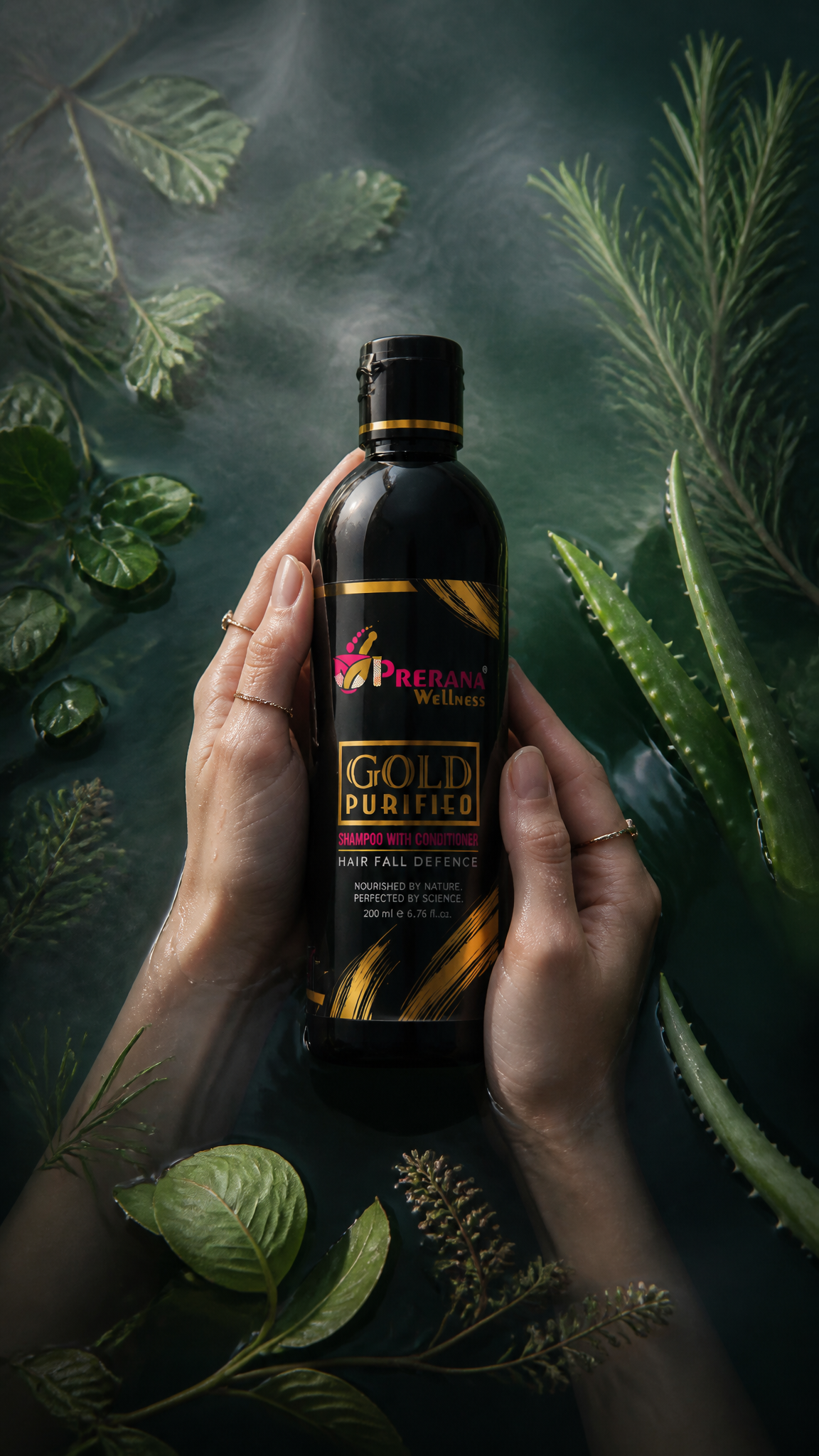 Luxury product photography of a green translucent bath and shower gel bottle hel…؛ پرامپت فارسی برای ساخت عکس با هوش مصنوعی