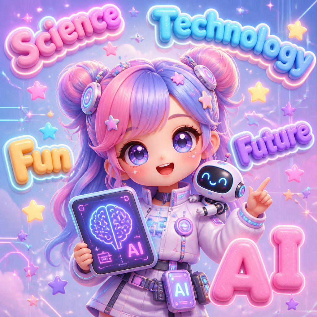 Cute 3D kawaii technophile girl mascot, chibi style, big sparkling eyes, pastel …