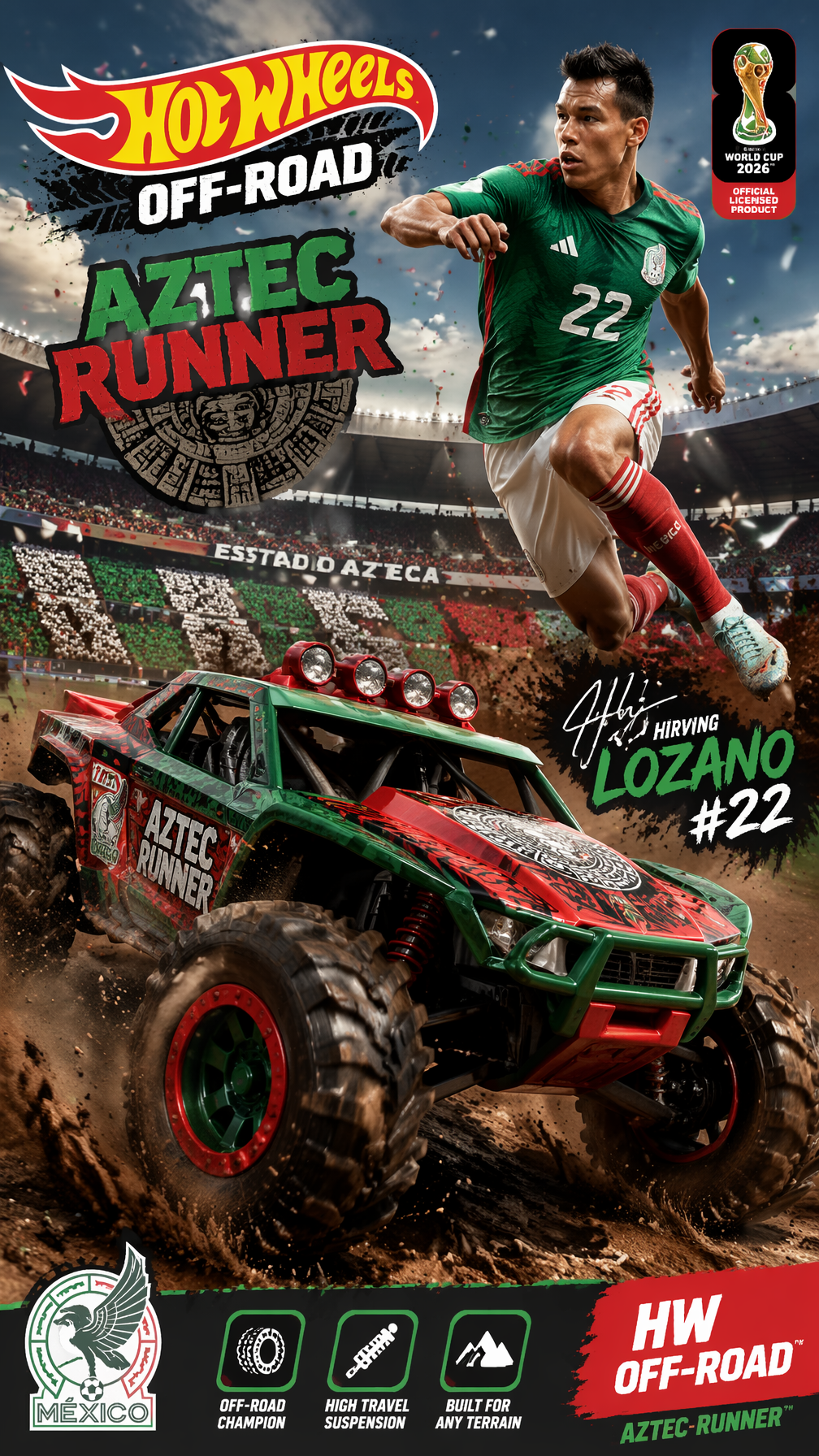 Mexico — Hirving Lozano — HW Off-Road Aztec Runner “9:16 poster of Hot Wheels Of…؛ عکس ساخته‌شده با هوش مصنوعی و پرامپت فارسی در Axeto