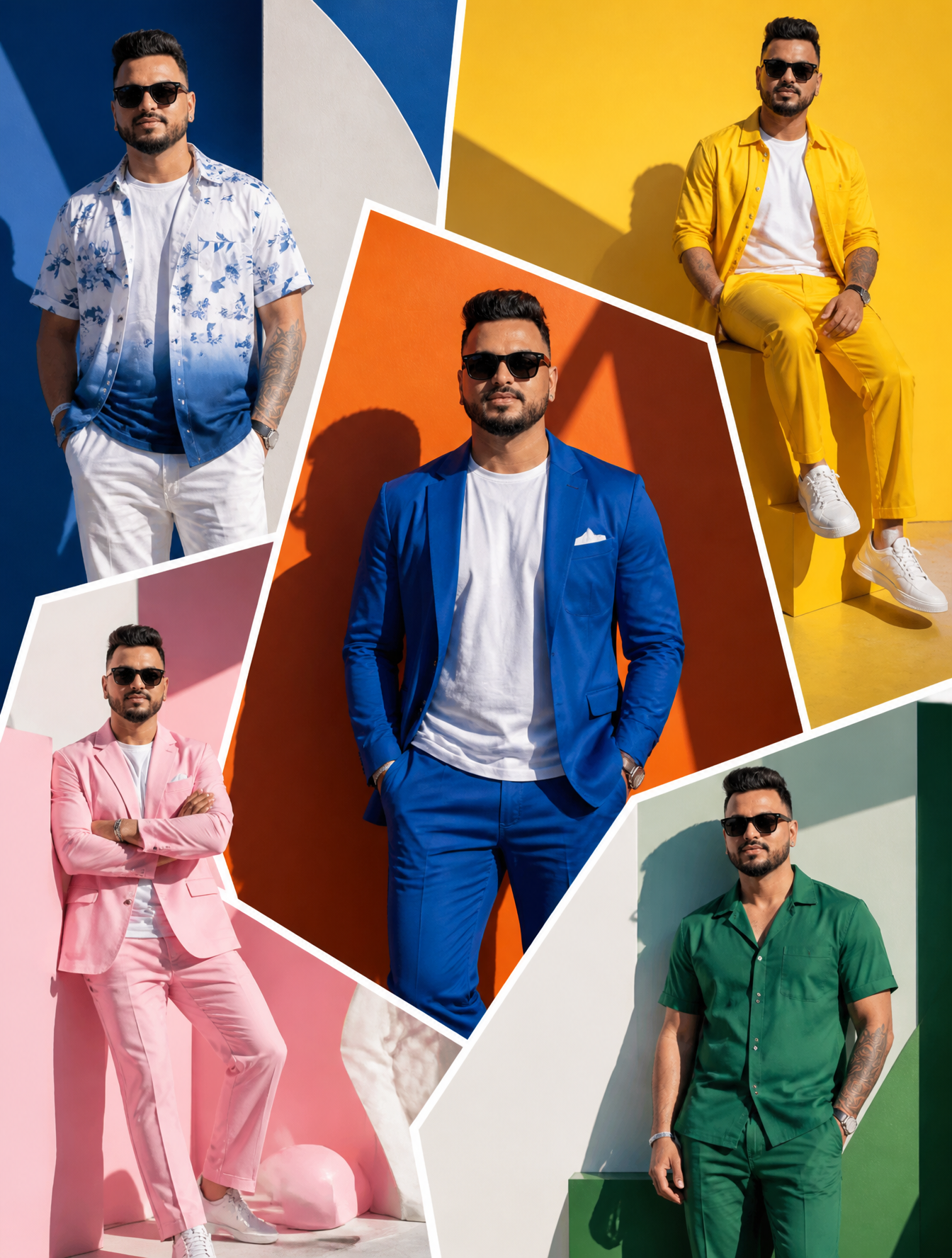 The SAME male model displayed across oversized random-shaped fashion panels insp…؛ پرامپت فارسی برای ساخت عکس با هوش مصنوعی