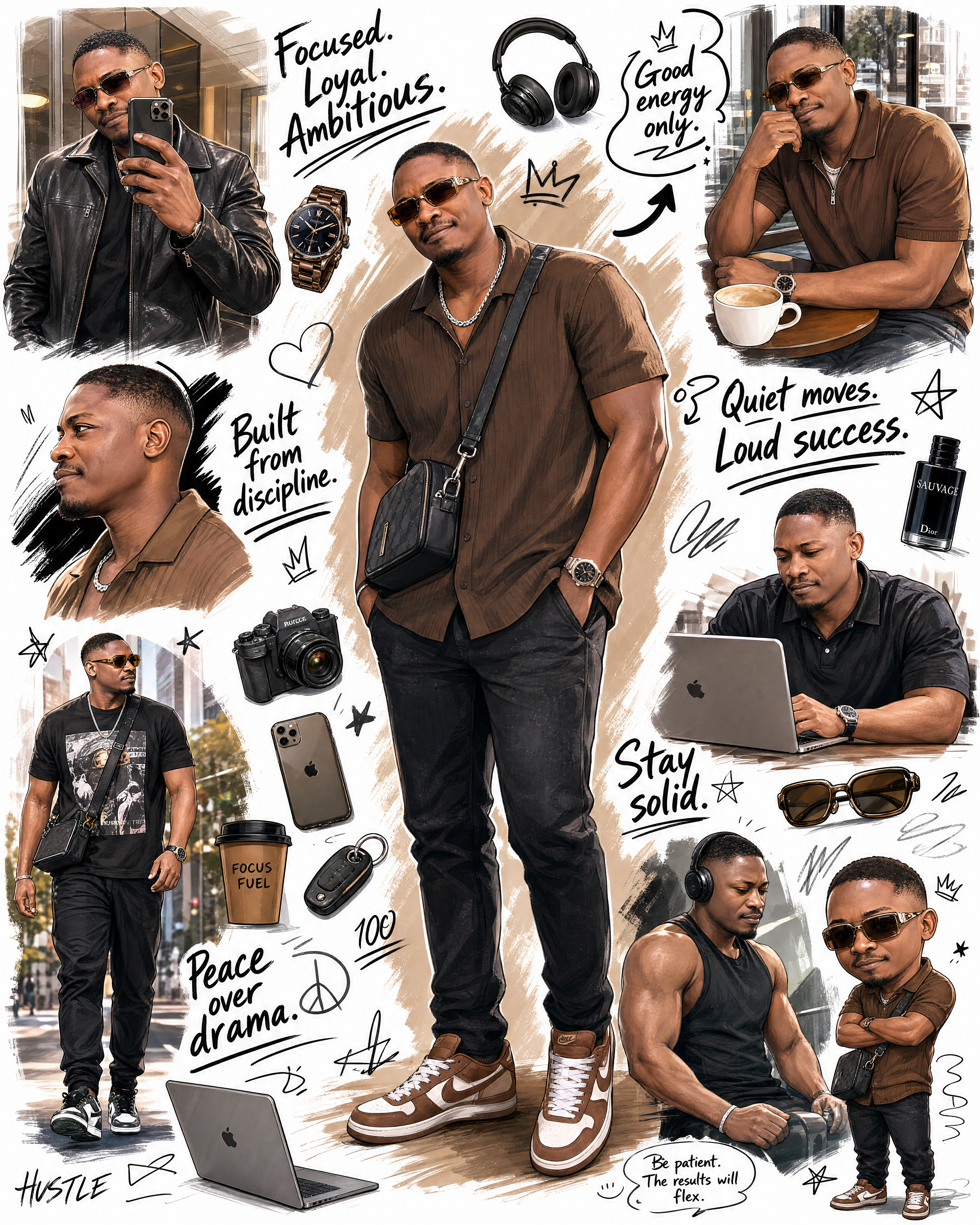 A hyper-detailed illustrated lifestyle collage of a stylish African man designed…؛ پرامپت فارسی برای ساخت عکس با هوش مصنوعی
