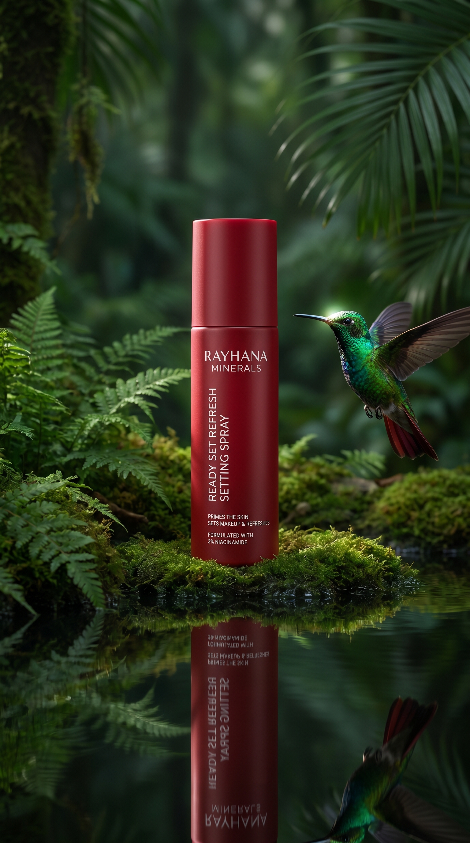 Subject: Cosmetic spray bottle, Hummingbird · Packaging: Cylindrical bottle, Mat…؛ پرامپت فارسی برای ساخت عکس با هوش مصنوعی
