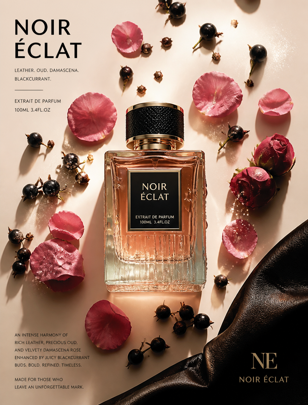 تبلیغ مینیمال شیشه عطر با عناصر گل; related AI content on Axeto