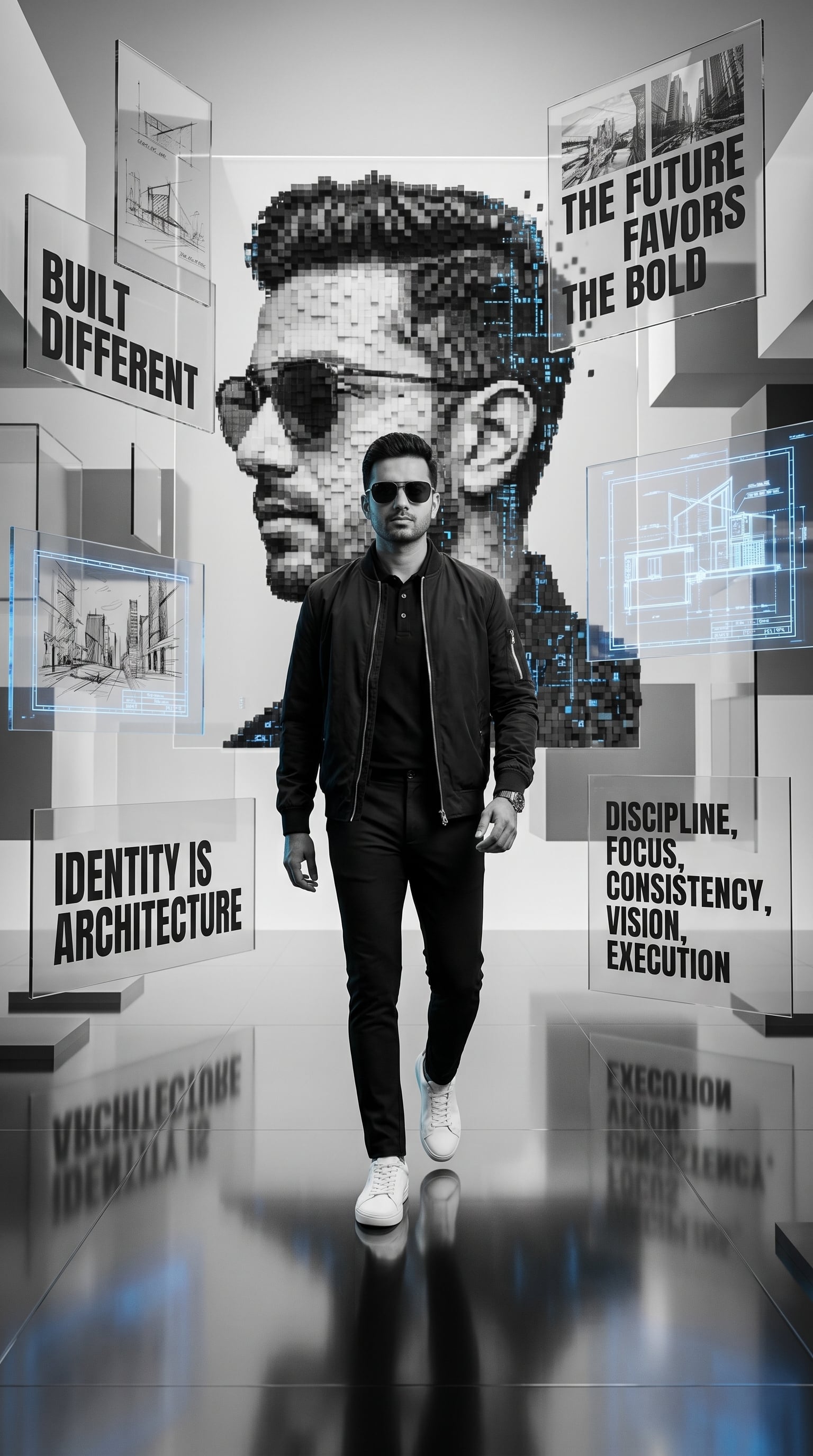 A futuristic monochrome motivational digital artwork featuring a man resembling …؛ پرامپت فارسی برای ساخت عکس با هوش مصنوعی