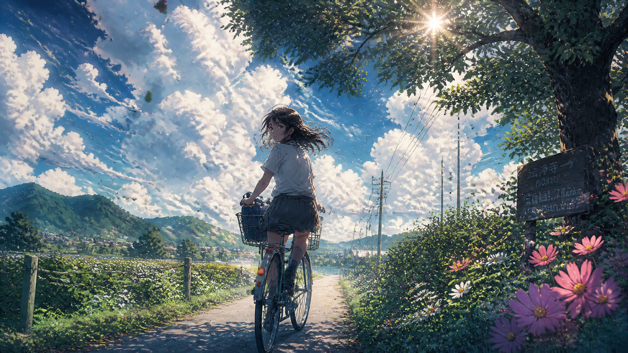 A teenage girl riding an old bicycle along a narrow countryside road surrounded …