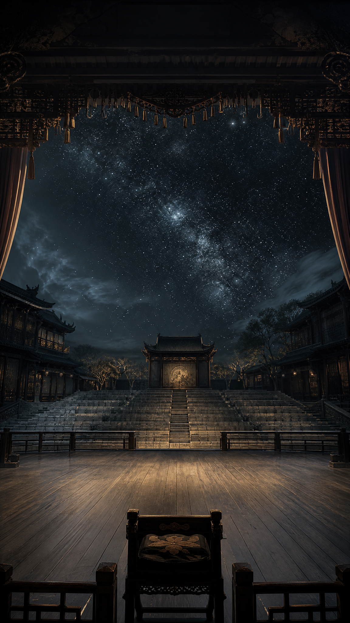 A vast, ancient stage under a starry sky, empty audience seats, profound and phi…؛ پرامپت فارسی برای ساخت عکس با هوش مصنوعی