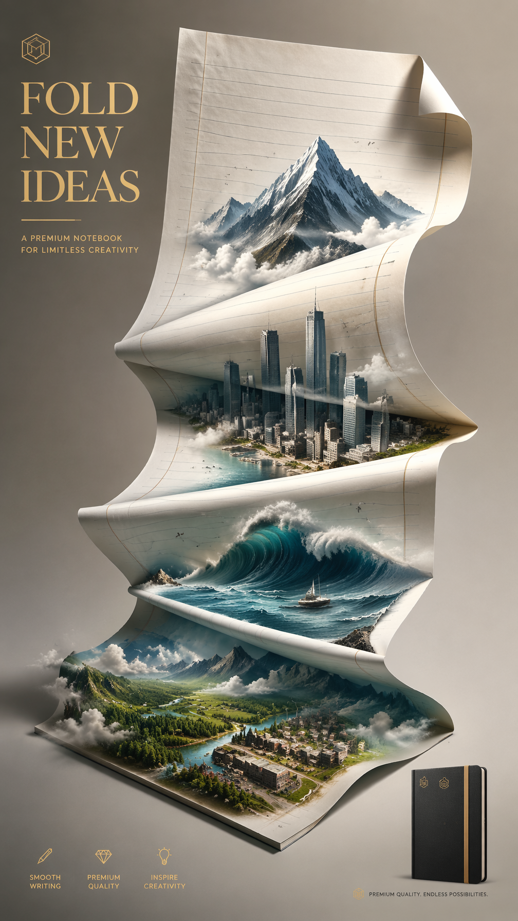 A premium 9:16 notebook advertising poster.Main Subject:A giant premium sheet of…؛ عکس ساخته‌شده با هوش مصنوعی و پرامپت فارسی در Axeto