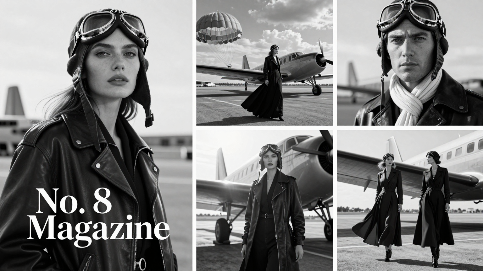 Create a wide panoramic black-and-white luxury fashion editorial collage inspire…؛ پرامپت فارسی برای ساخت عکس با هوش مصنوعی
