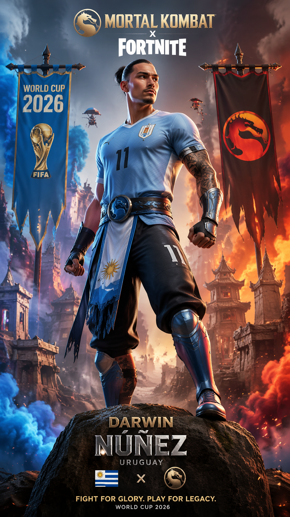 Uruguay — Darwin Núñez — Mortal Kombat meets Fortnite “9:16 vertical poster, Mor…؛ عکس ساختهشده با هوش مصنوعی و پرامپت فارسی در Axeto