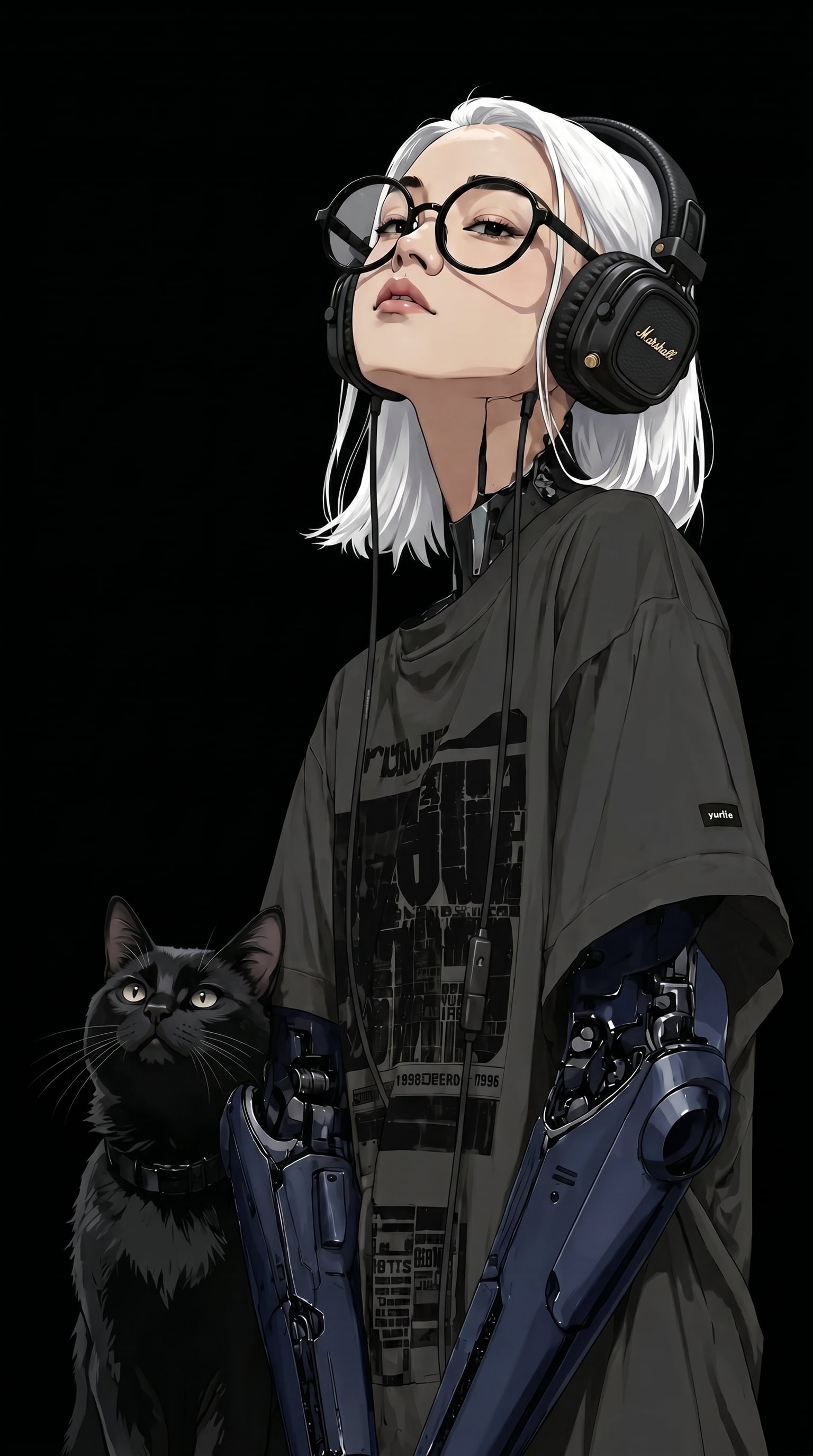 In this style, make the cat black, the color of the mechanical arms dark blue, t…؛ پرامپت فارسی برای ساخت عکس با هوش مصنوعی