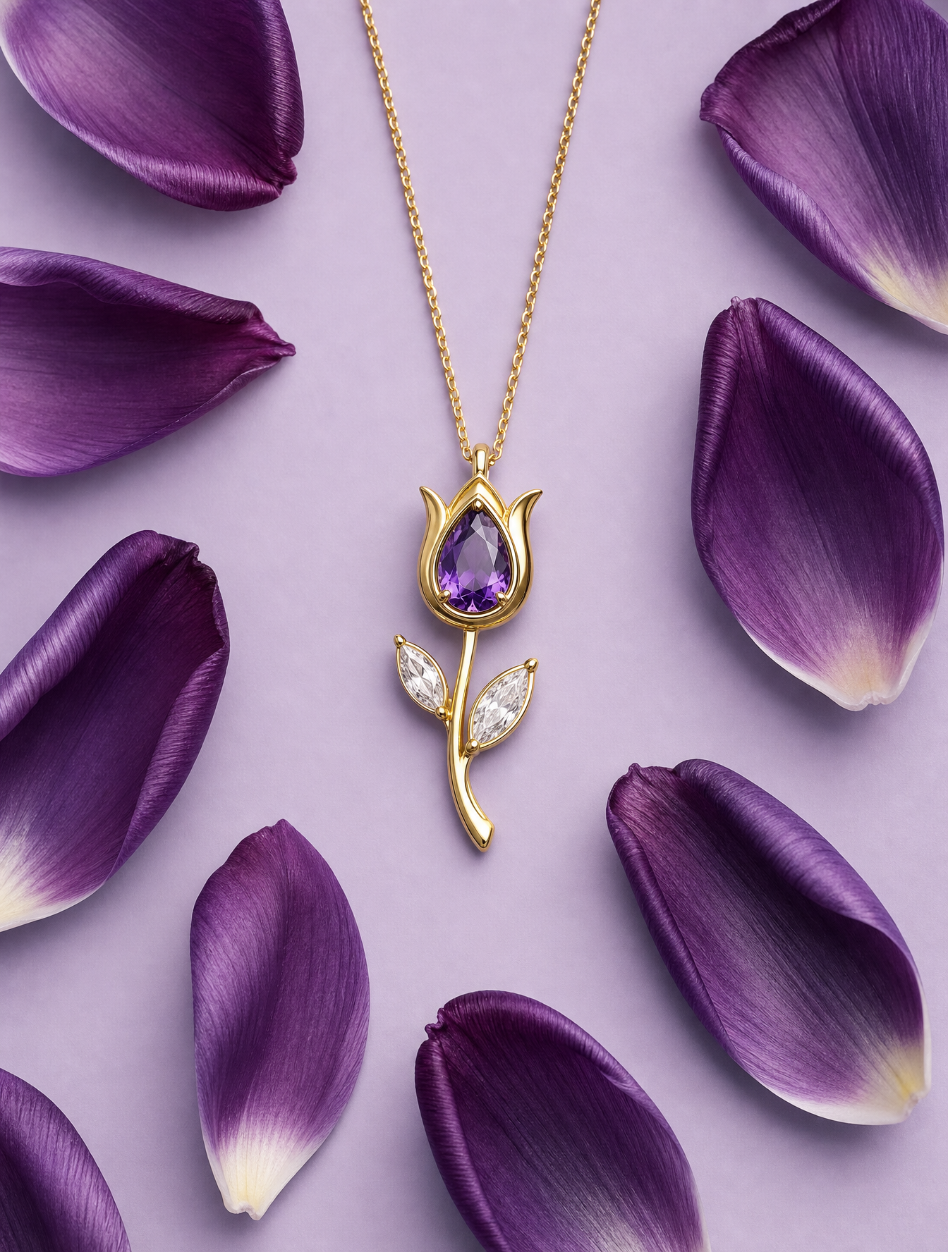 Subject and Composition A delicate gold tulip-shaped pendant necklace placed cen…؛ پرامپت فارسی برای ساخت عکس با هوش مصنوعی