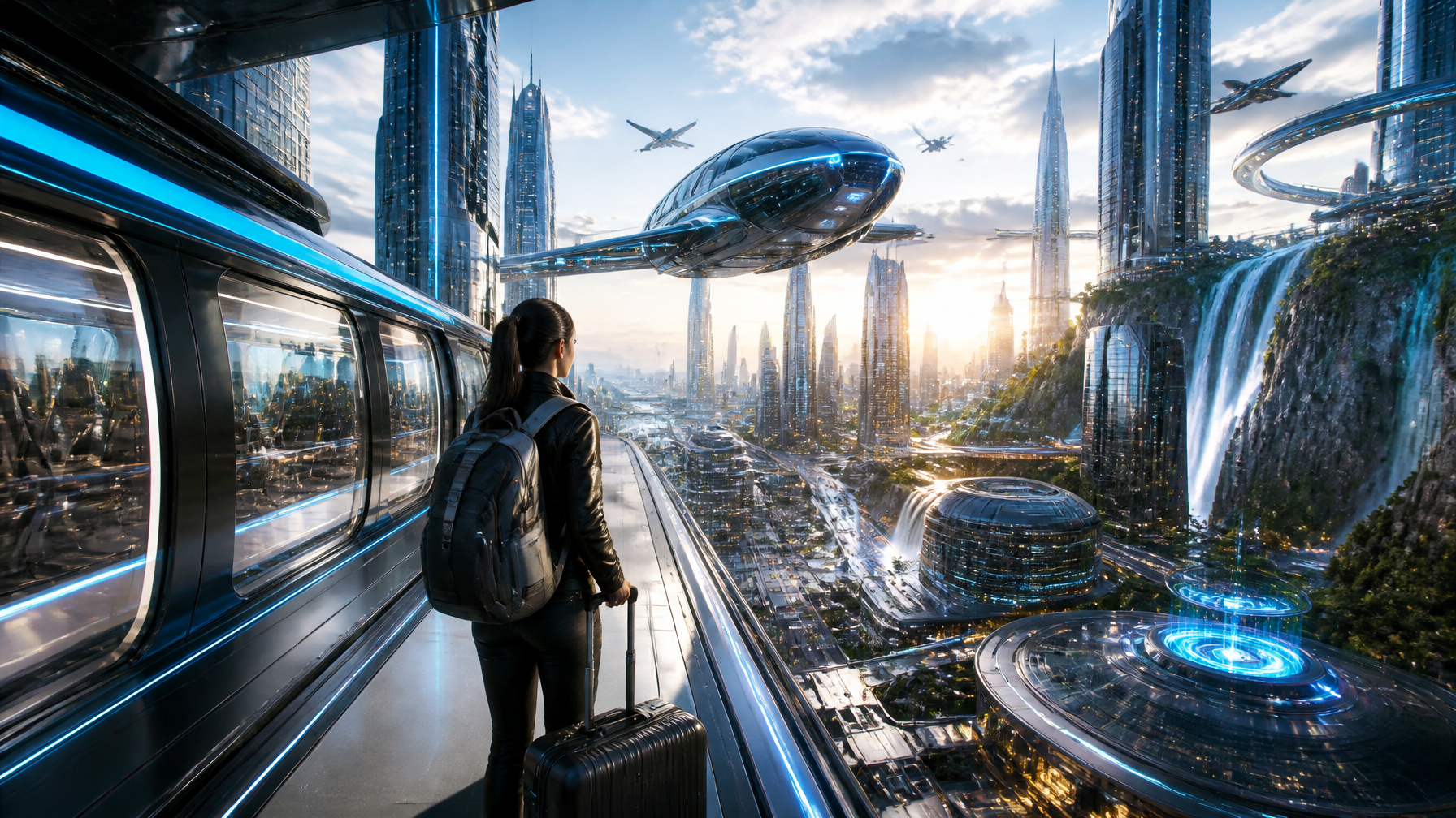 Prompt:Ultra-realistic futuristic travel scene, a stylish traveler journeying be…؛ پرامپت فارسی برای ساخت عکس با هوش مصنوعی