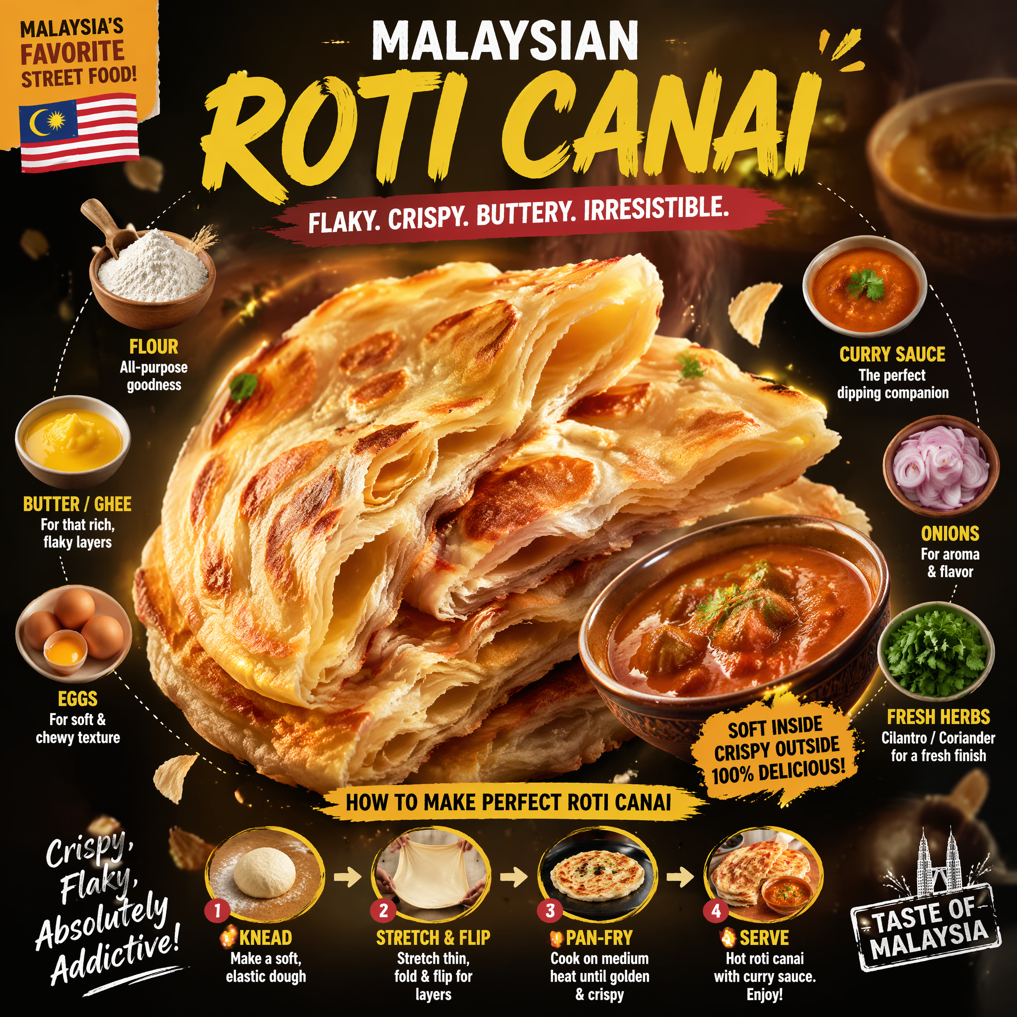 Ultra-viral recipe infographic.Showcase MALAYSIAN ROTI CANAI — golden, flaky, cr…؛ محتوای مرتبط هوش مصنوعی در Axeto