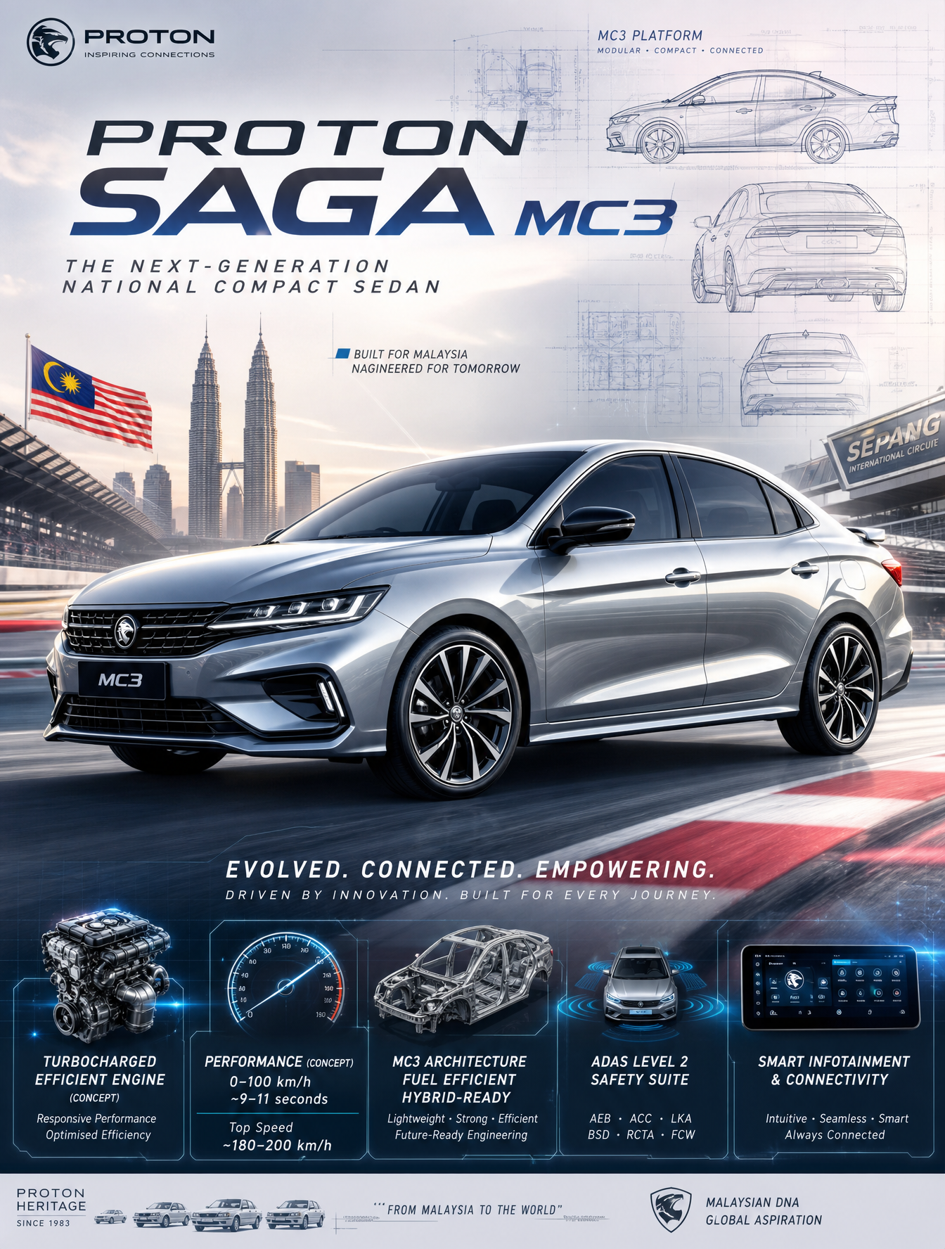 Create an epic premium automotive poster of Proton Saga MC3 (Next-Generation Pro…؛ پرامپت فارسی برای ساخت عکس با هوش مصنوعی