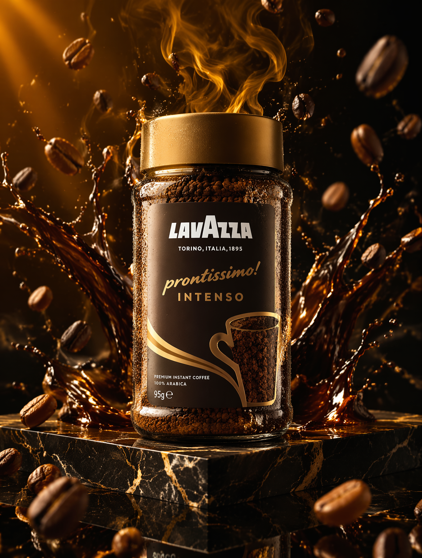 Ultra premium Lavazza coffee jar standing on a polished black marble platform, s…؛ محتوای مرتبط هوش مصنوعی در Axeto