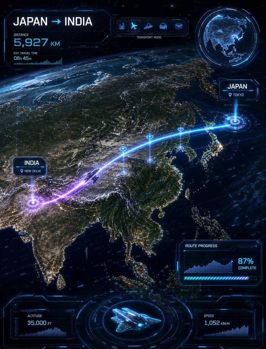 Prompt:Create a futuristic sci-fi travel route visualization showing a journey f…؛ پرامپت فارسی برای ساخت عکس با هوش مصنوعی
