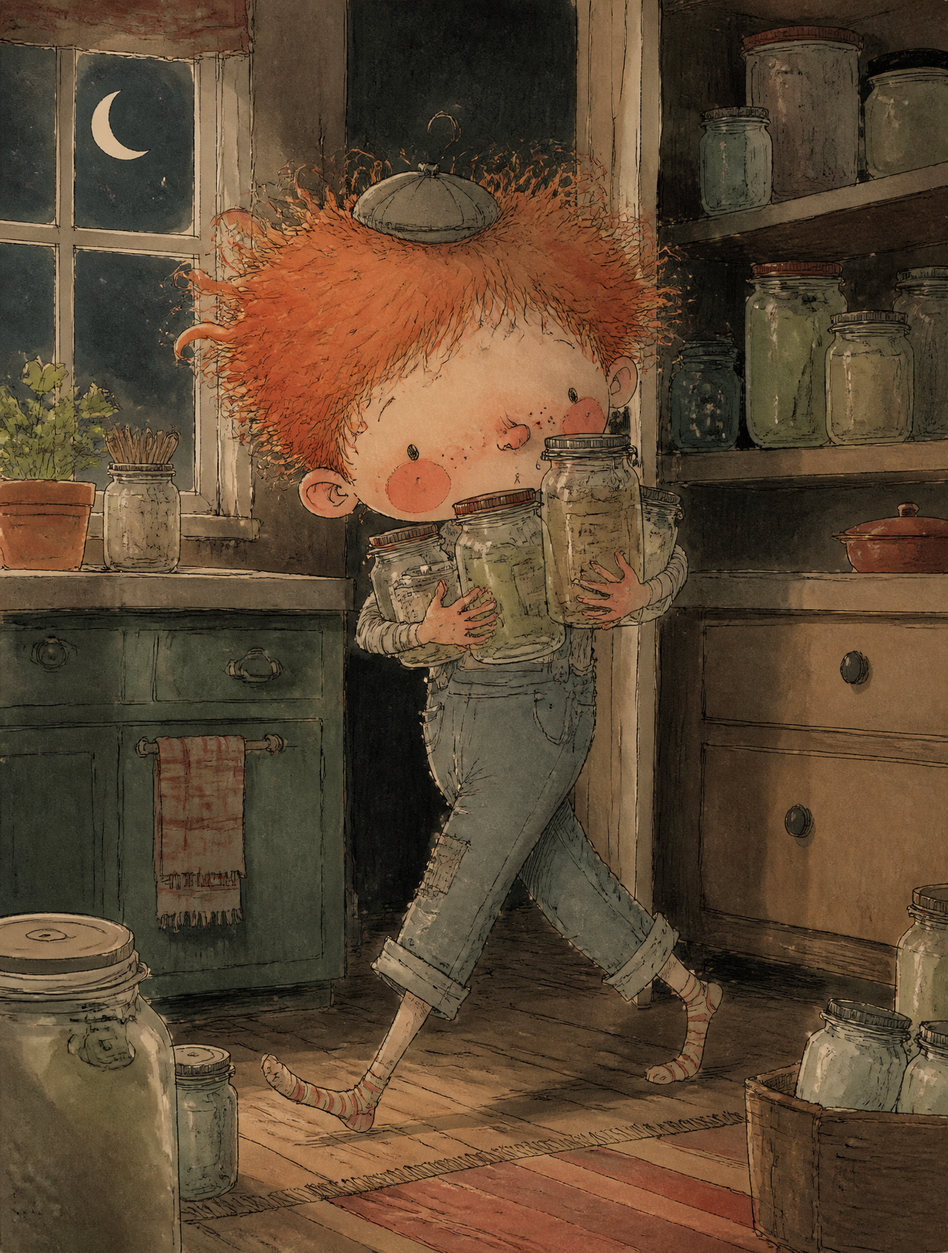 A young boy with wild red hair, freckles, rosy round cheeks, wearing denim overa…؛ پرامپت فارسی برای ساخت عکس با هوش مصنوعی