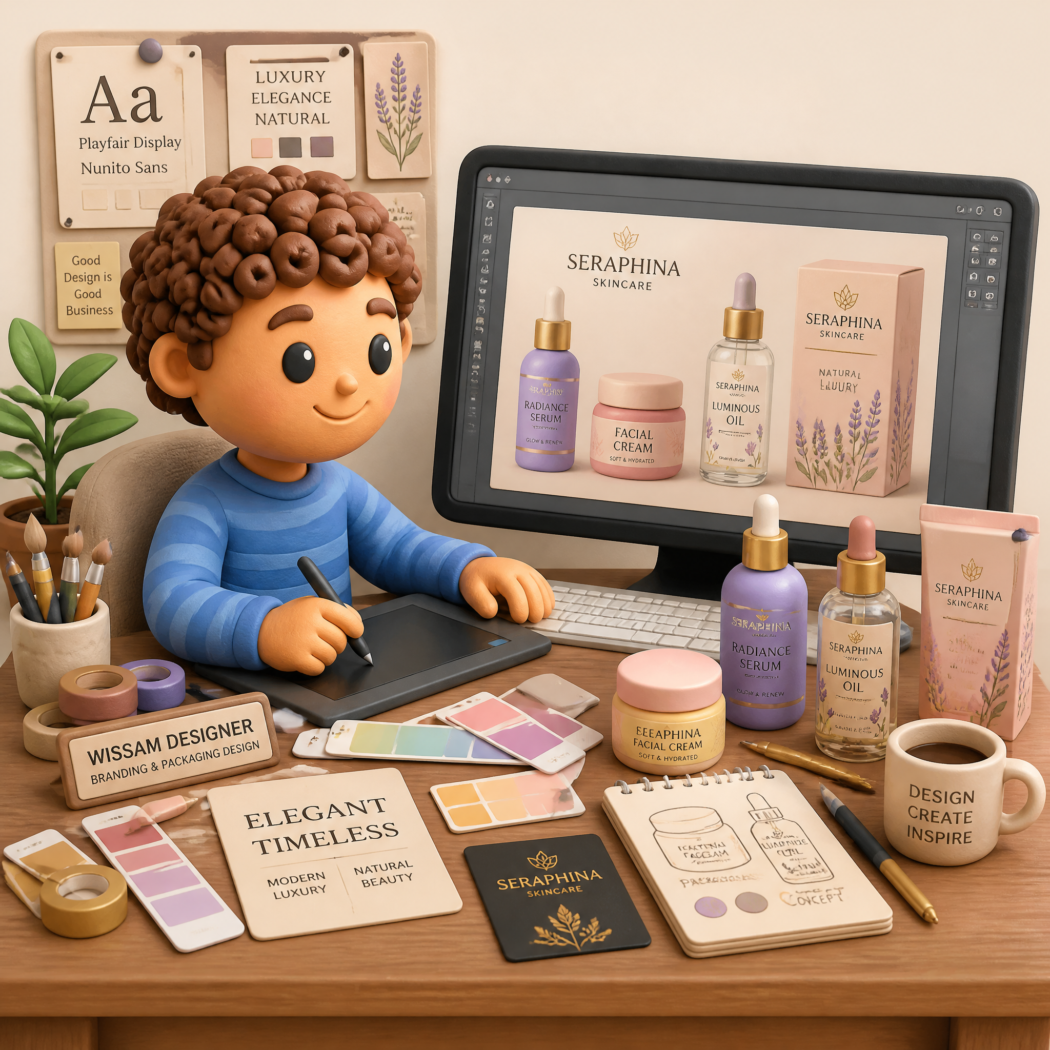 Cute 3D clay illustration of Wissam Designer working on a premium cosmetics pack…؛ پرامپت فارسی برای ساخت عکس با هوش مصنوعی