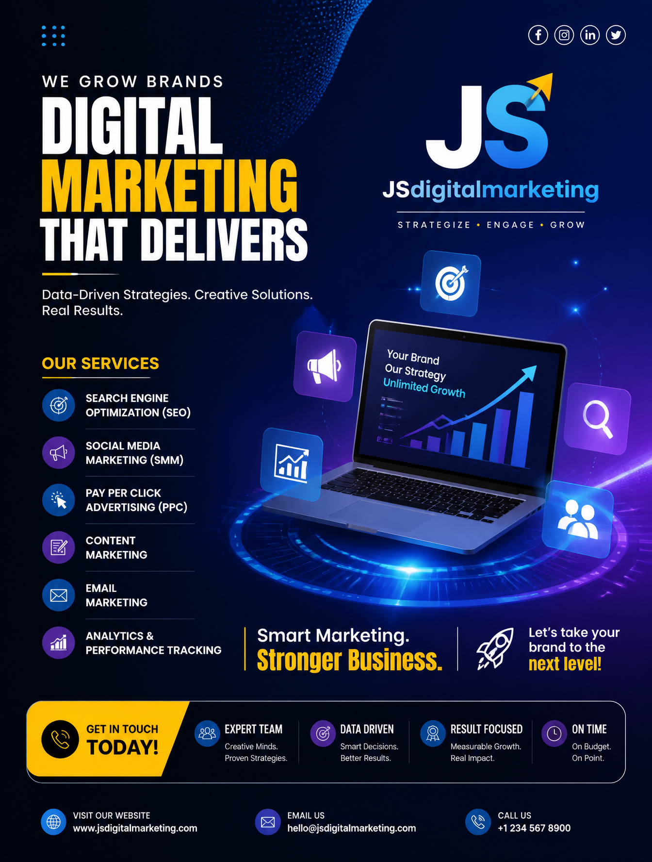 a professional digital marketing poster design for JSdigitalmarketing, featuring…؛ پرامپت فارسی برای ساخت عکس با هوش مصنوعی