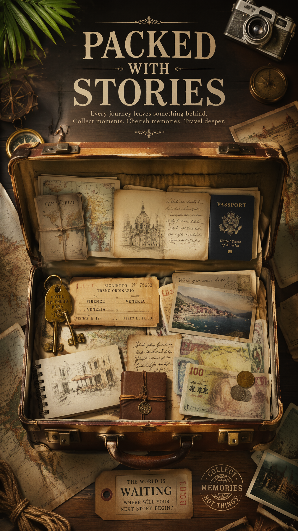 A premium 9:16 travel advertising poster.Main Subject:A vintage suitcase opened …؛ محتوای مرتبط هوش مصنوعی در Axeto