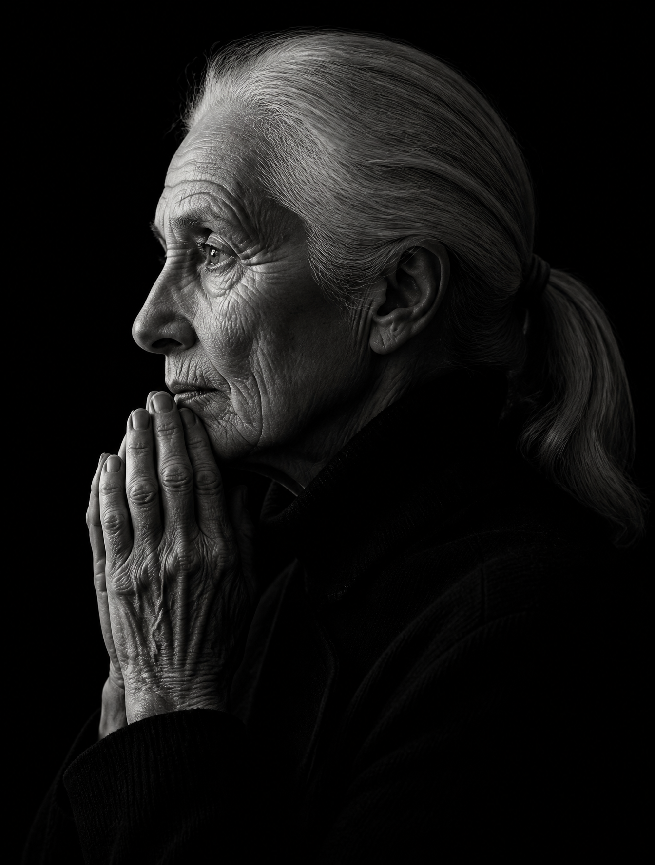 Create a dramatic black-and-white fine-art studio portrait of an elderly woman i…