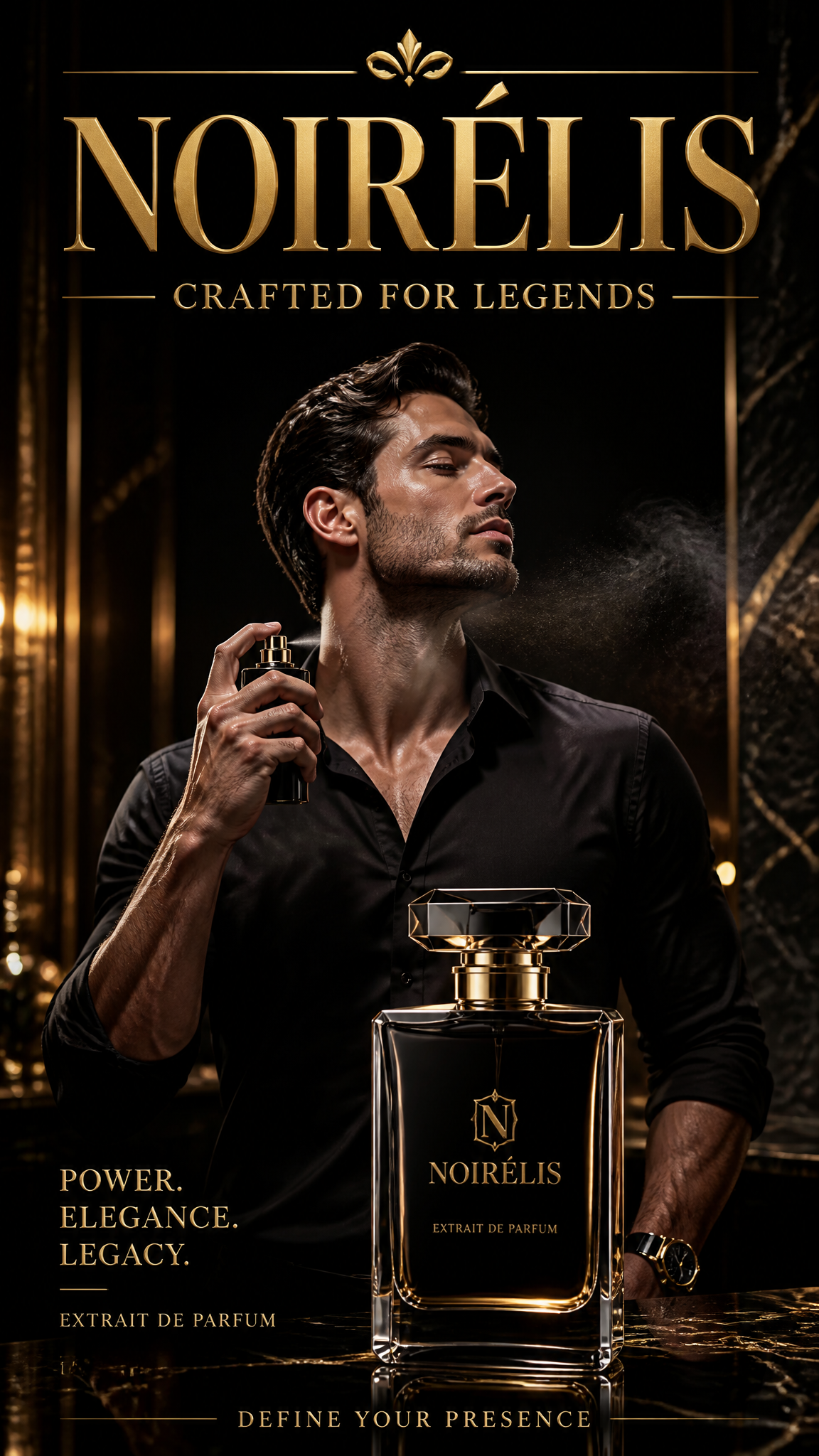 Ultra-premium luxury perfume advertisement, vertical 9:16 format, handsome male …؛ پرامپت فارسی برای ساخت عکس با هوش مصنوعی