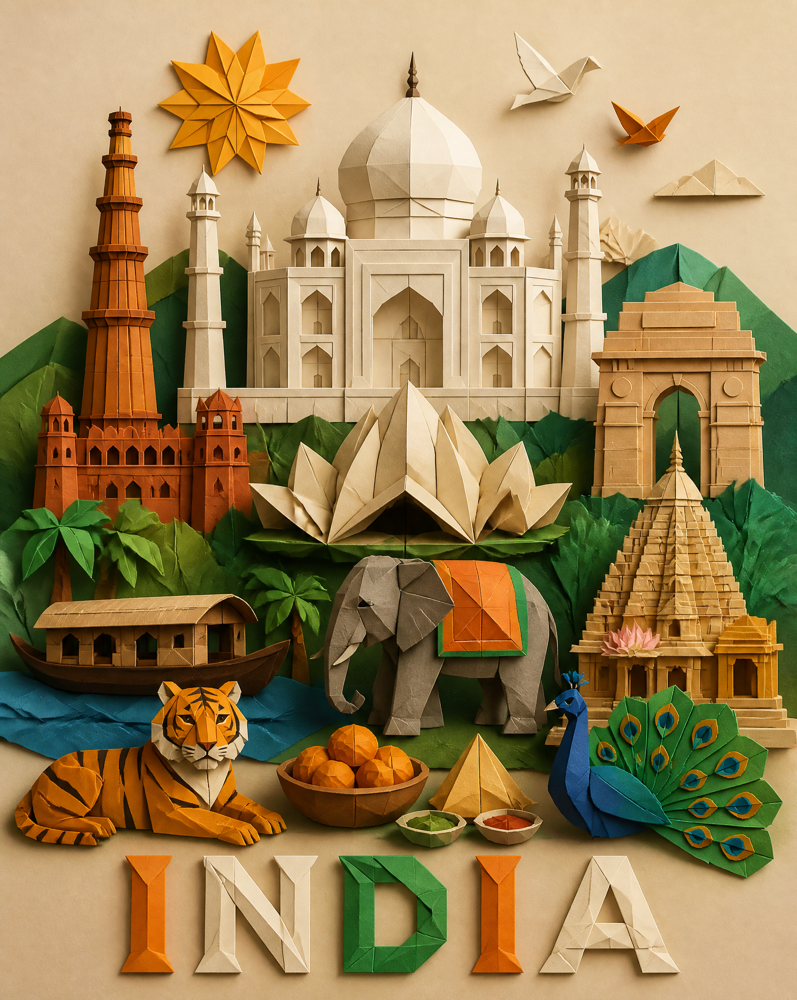 Origami paper art style illustration of [COUNTRY NAME]=India, vertical 4:5 compo…؛ عکس ساخته‌شده با هوش مصنوعی و پرامپت فارسی در Axeto