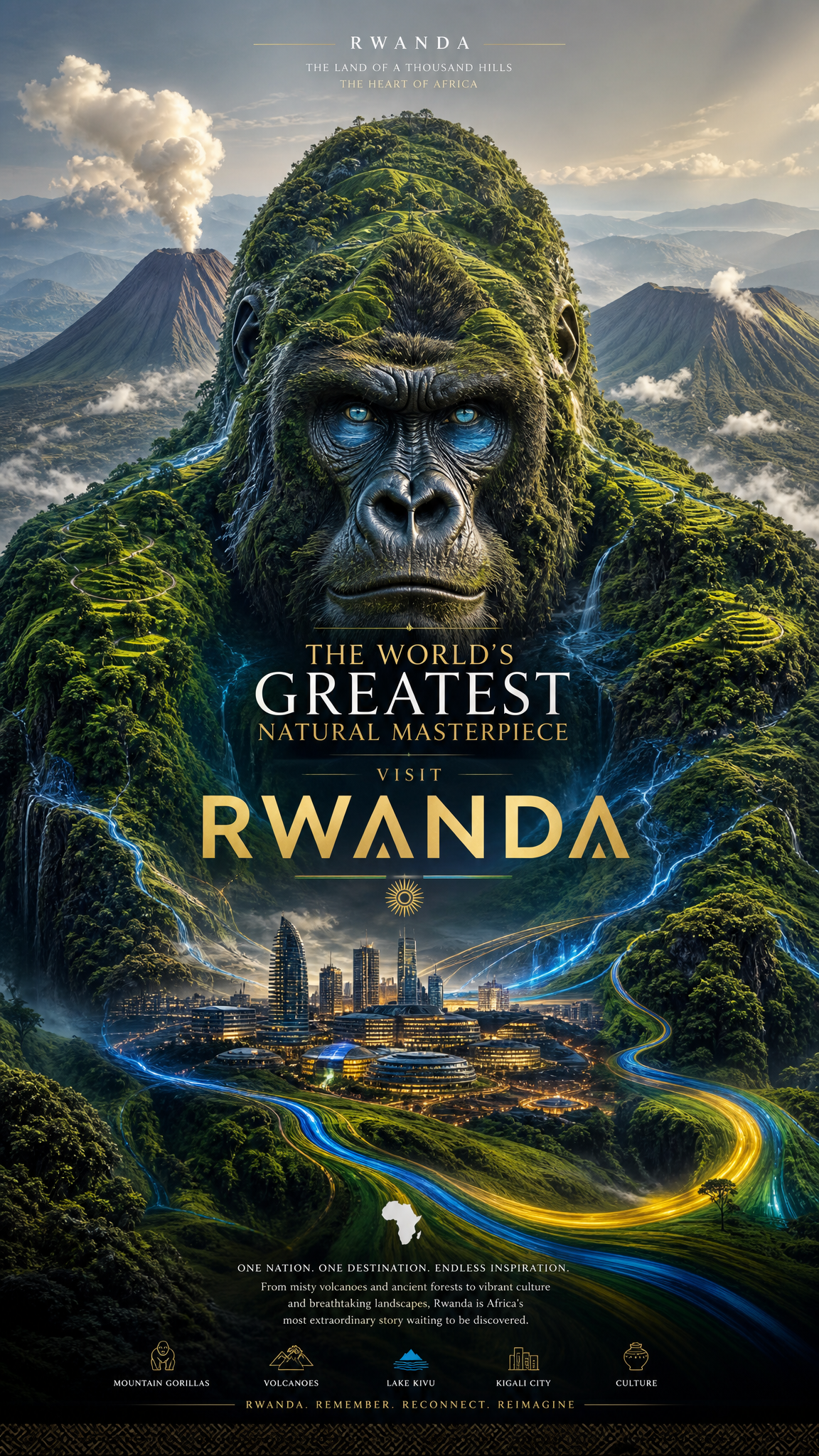 Create a revolutionary tourism poster for Rwanda where the entire country is vis…؛ پرامپت فارسی برای ساخت عکس با هوش مصنوعی