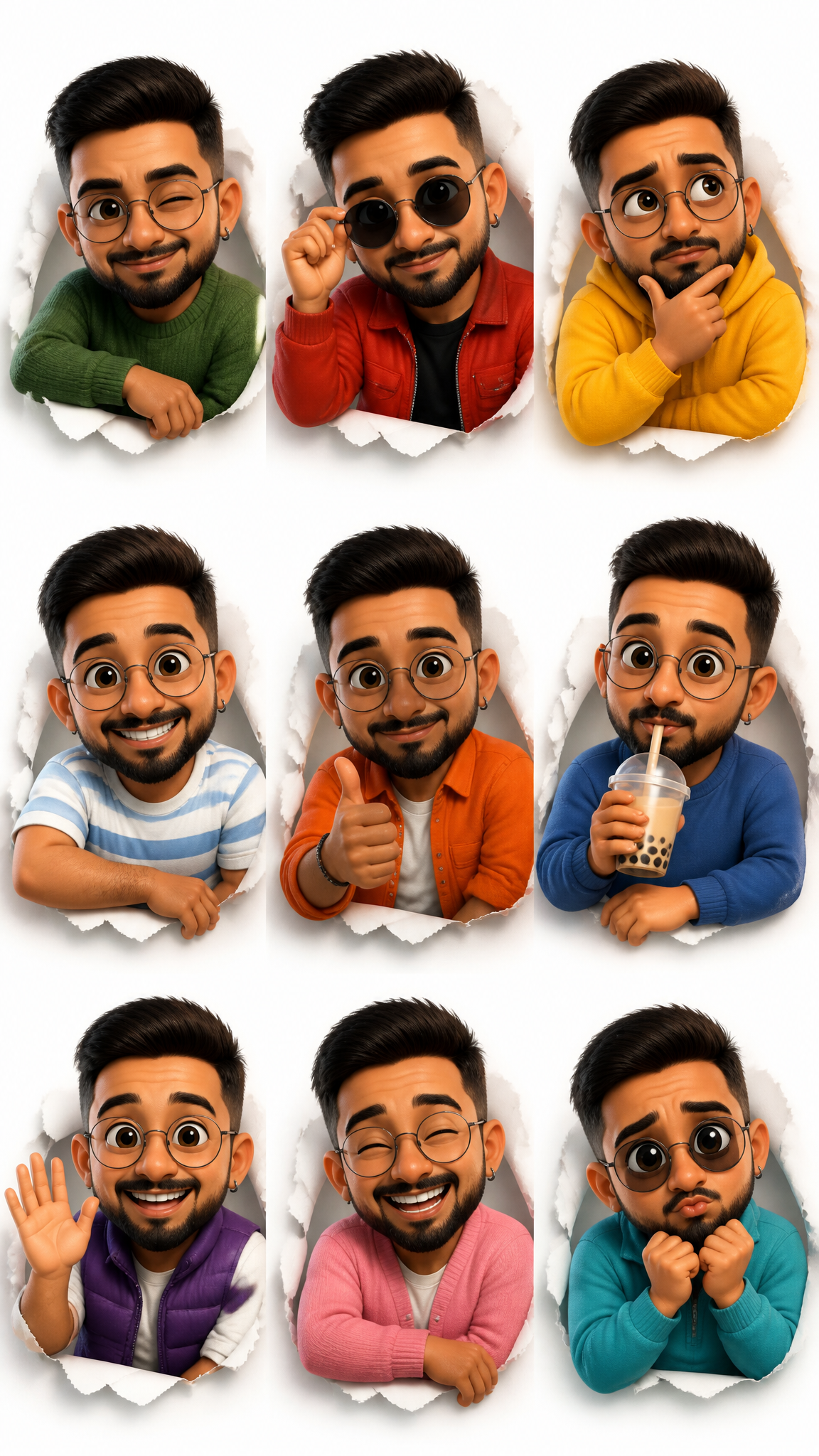 3D Pixar-style expression sheet, cute stylized male avatar with short dark hair …؛ پرامپت فارسی برای ساخت عکس با هوش مصنوعی