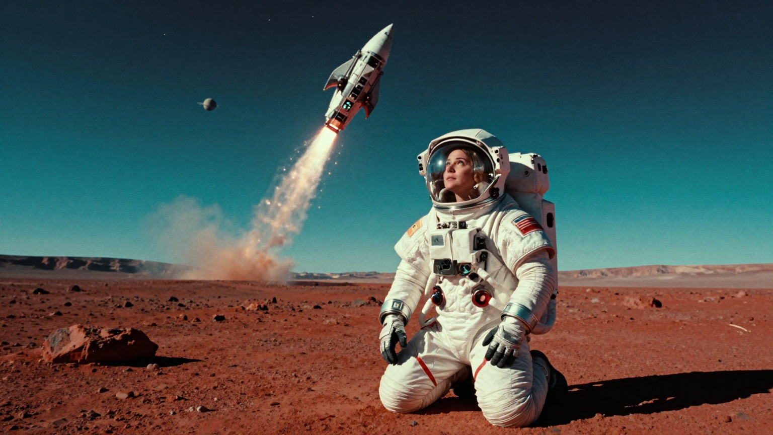 Subject and Action A female astronaut in a detailed, bulky, silvery-white EVA sp…؛ پرامپت فارسی برای ساخت عکس با هوش مصنوعی