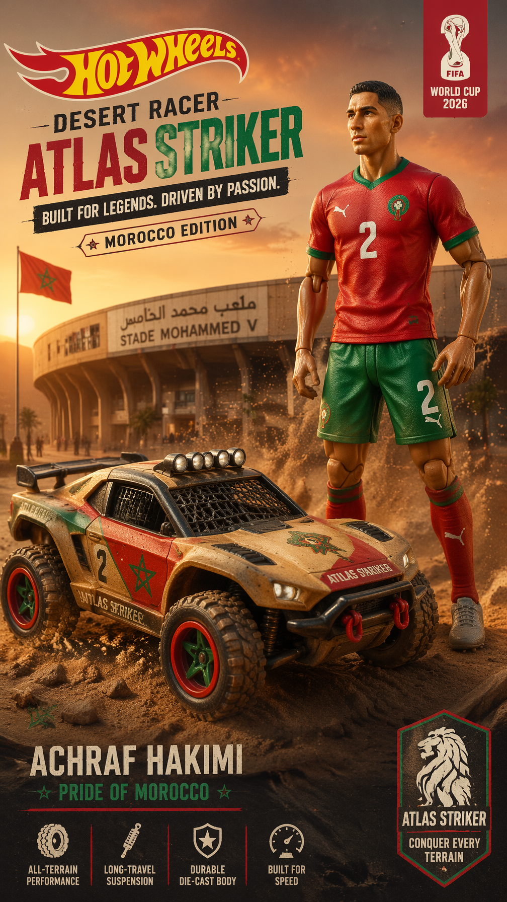 Morocco — Achraf Hakimi — HW Desert Racer Atlas Striker “9:16 vertical poster of…؛ محتوای مرتبط هوش مصنوعی در Axeto
