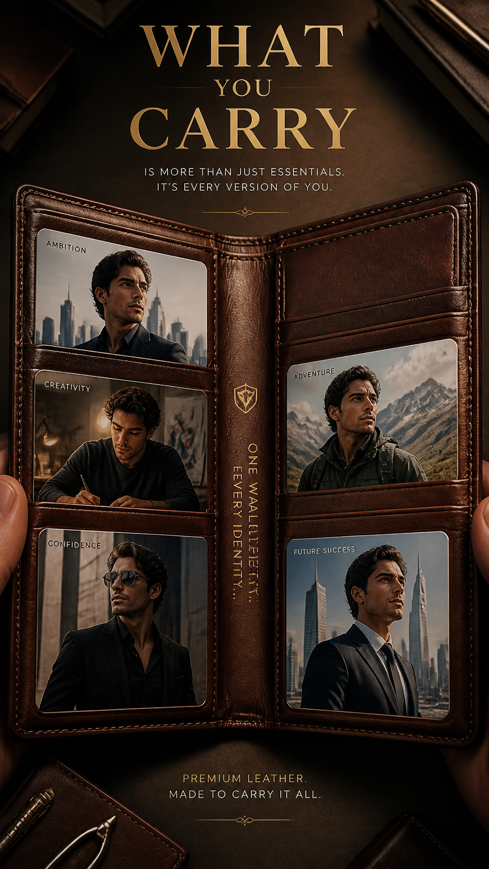 A premium 9:16 wallet advertising poster.Main Subject: An open luxury leather wa…؛ پرامپت فارسی برای ساخت عکس با هوش مصنوعی