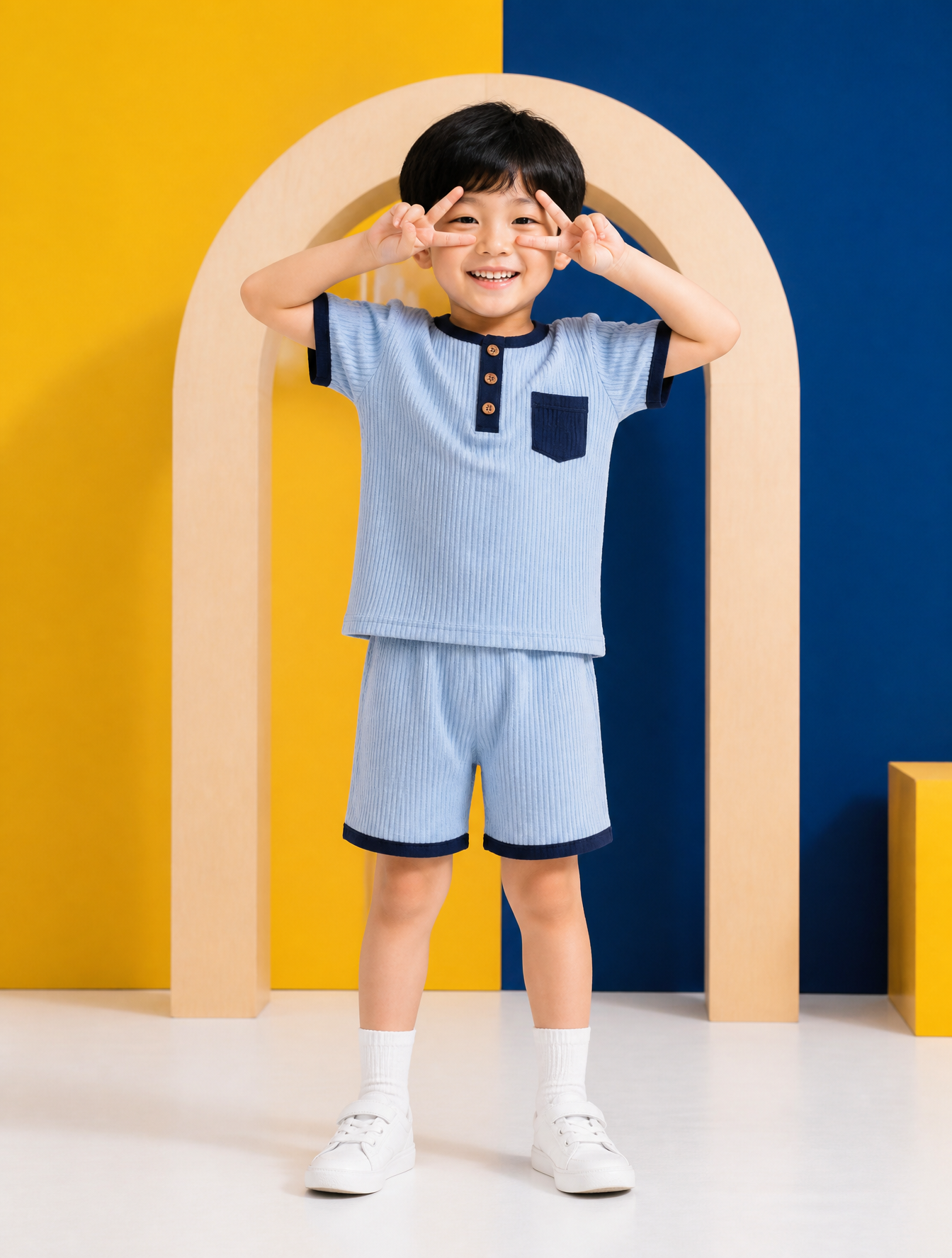 A young East Asian boy with a joyful expression stands centered, his hands raise…؛ عکس ساختهشده با هوش مصنوعی و پرامپت فارسی در Axeto