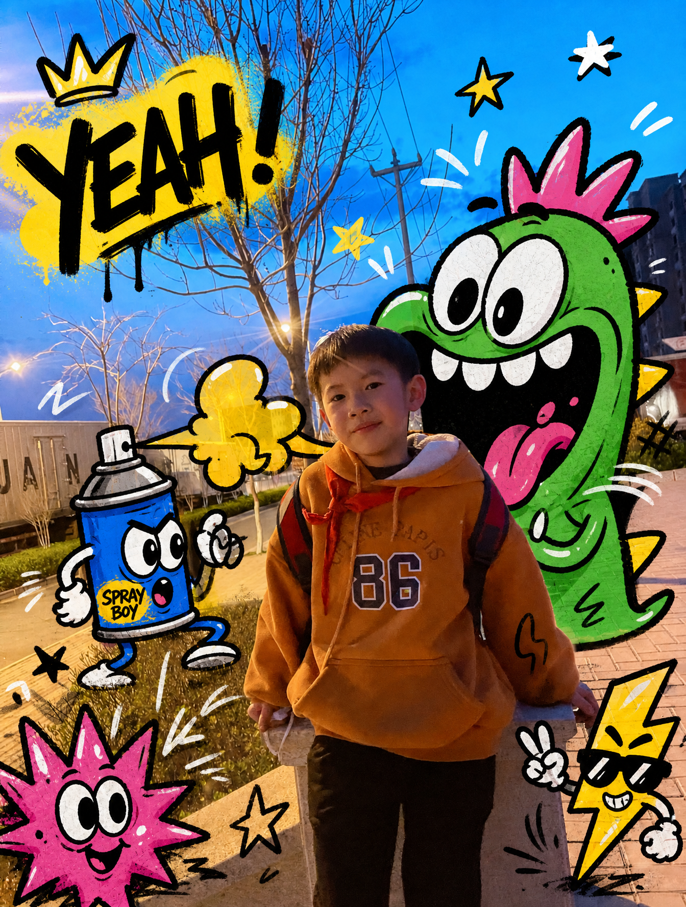 A real photograph with bold, fun, street-style, hand-drawn graffiti characters a…؛ پرامپت فارسی برای ساخت عکس با هوش مصنوعی