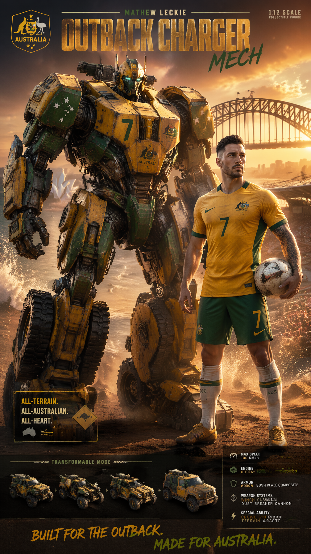 Australia — Mathew Leckie — Outback Charger Mech “9:16 vertical poster of ‘Outba…؛ عکس ساخته‌شده با هوش مصنوعی و پرامپت فارسی در Axeto