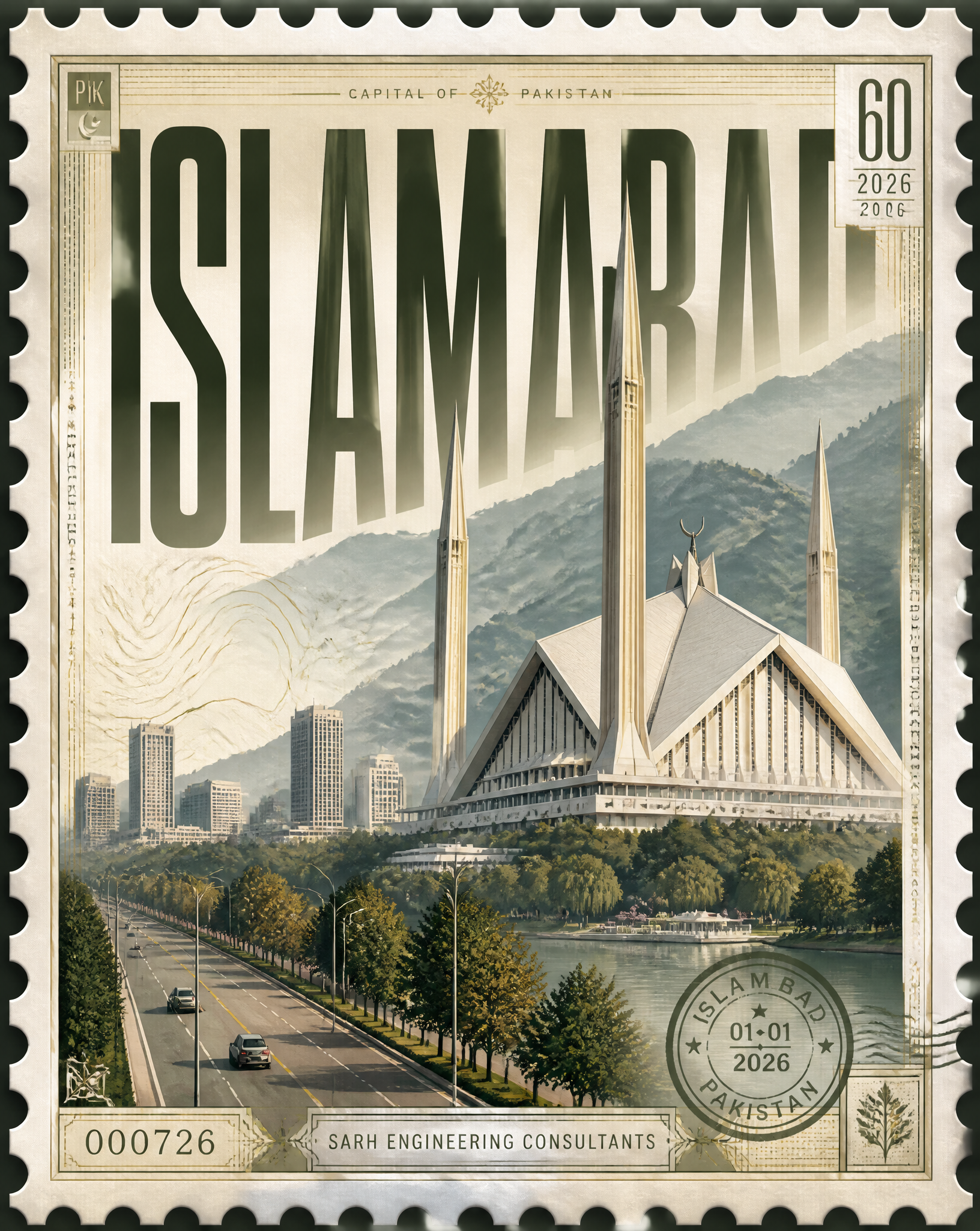 Design a premium 4:5 collectible postal-stamp poster for ISLAMABAD, where the en…؛ پرامپت فارسی برای ساخت عکس با هوش مصنوعی