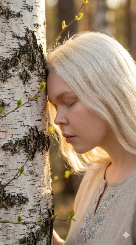 Intimate close-up, her forehead lightly touching a birch trunk, bark texture ult…