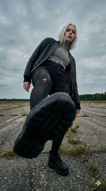 Hyper-realistic high fashion editorial photography, extreme low angle. Foregroun… (1)
