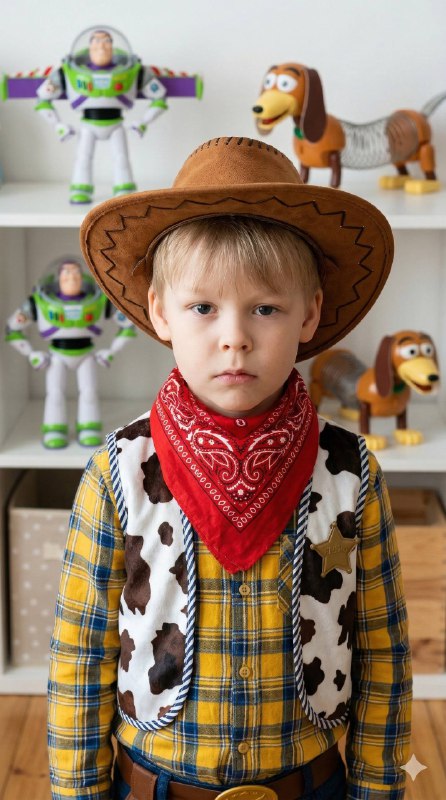 Medium portrait of a handsome ultra-realistic boy wearing a classic toy cowboy o…