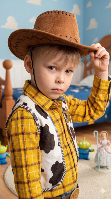 Close-up shot of a realistic boy in a toy cowboy costume (yellow plaid shirt, co…