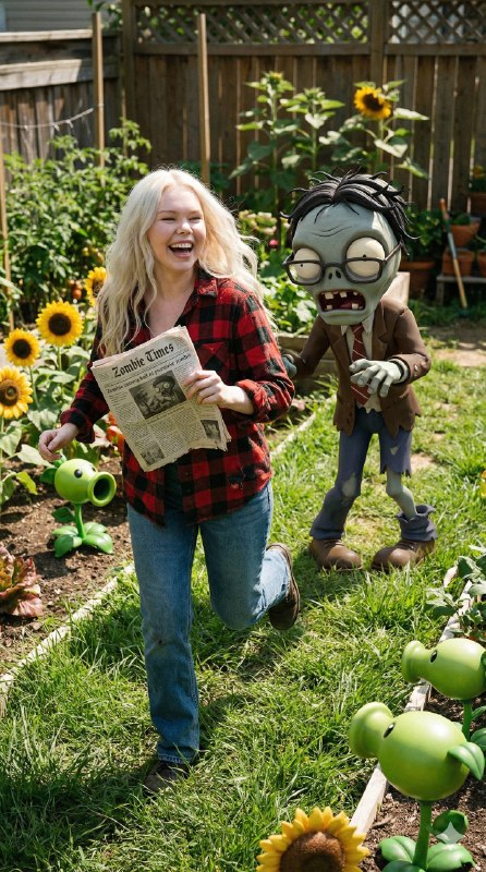 In a photorealistic garden setting resembling a game arena, a real human person …